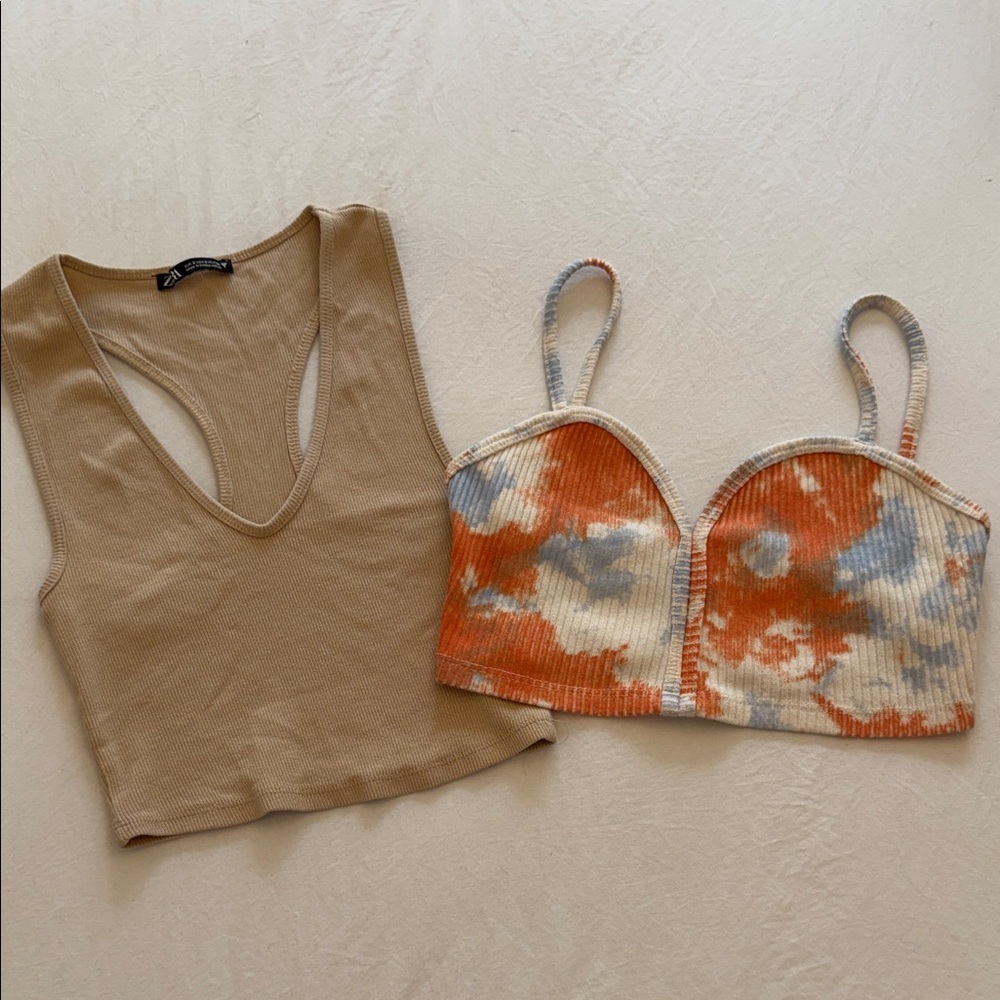 Zara Beige Ribbed V-Neck Tank & Tie-Dye Orange Blue Bralette Bundle
